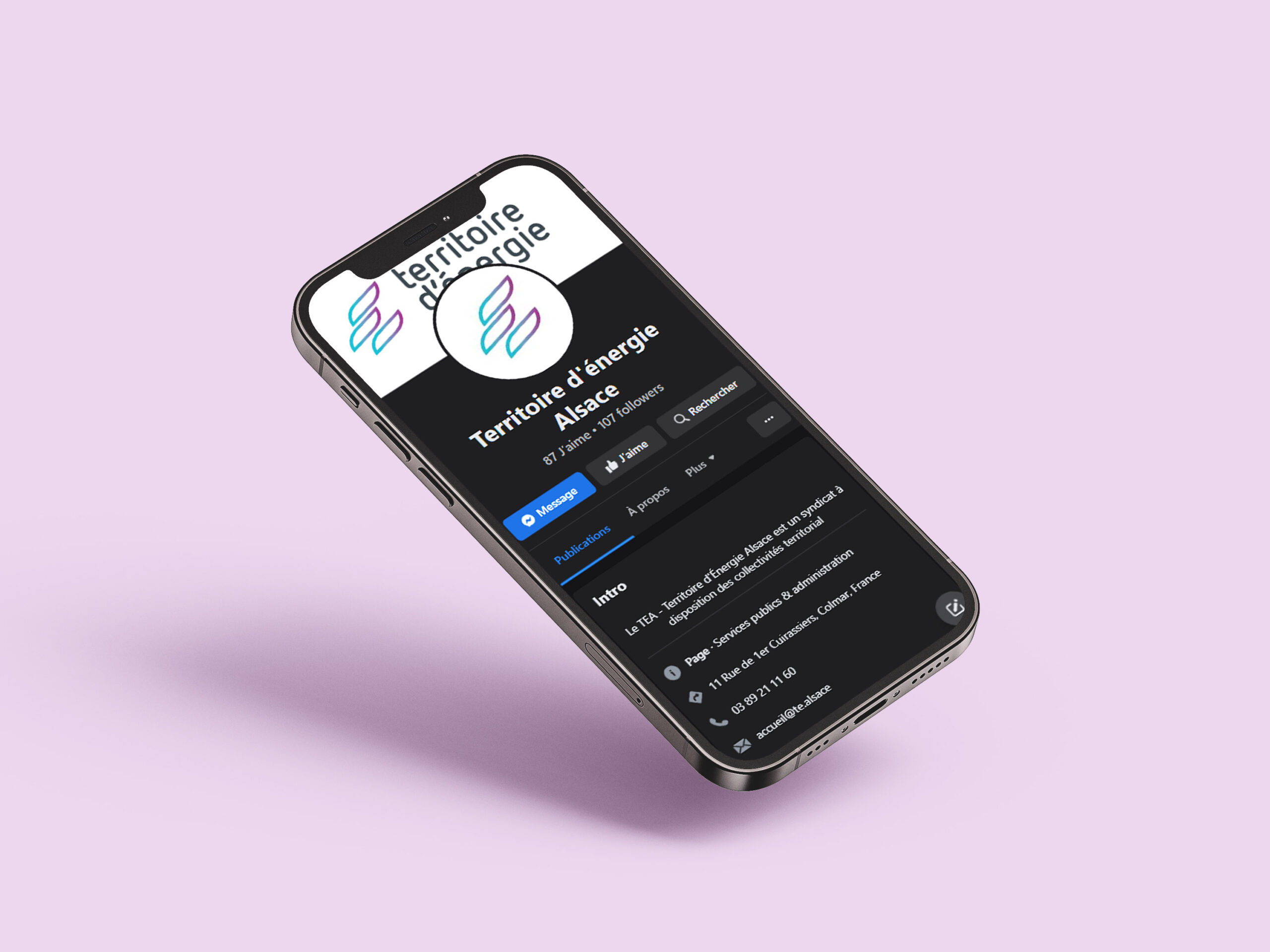 Mockup de la page Facebook Territoire d'énergie Alsace 